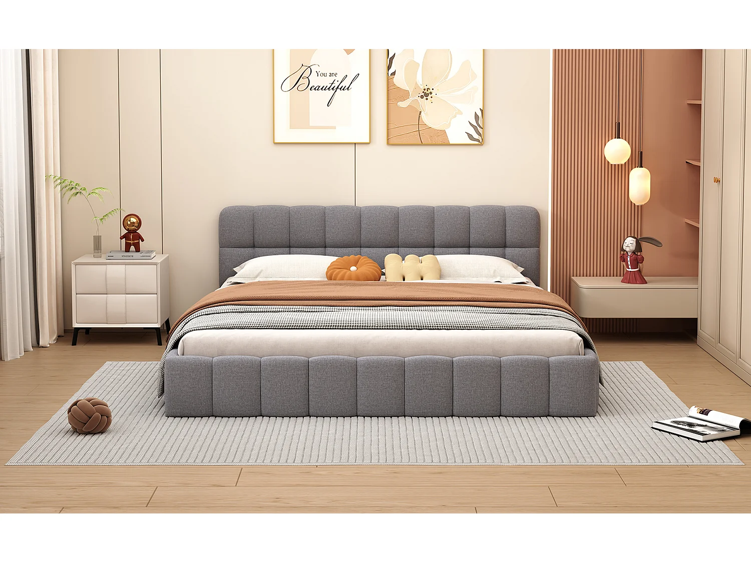 Lit rembourré 140 x 190 cm, lit jeune, lit double avec dossier moelleux, cadre rembourré, sommier à lattes en lin gris (matelas non inclus)