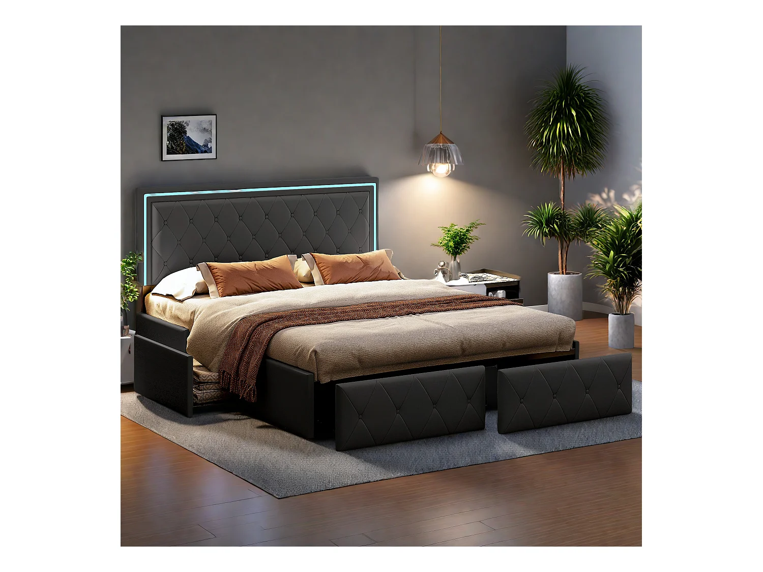 Letto matrimoniale imbottito grigio, 160 x 200 cm, con illuminazione a LED, 4 cassetti portaoggetti e testiera regolabile in altezza, contenitore, con rete a doghe