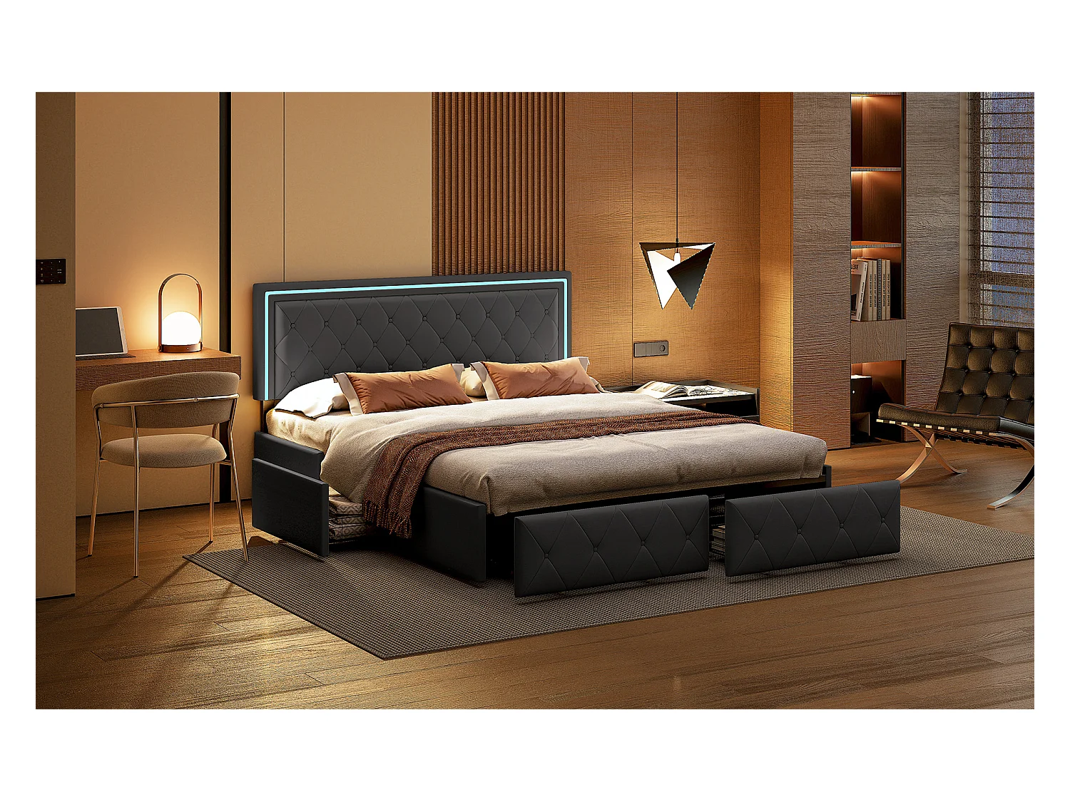 Letto matrimoniale imbottito grigio, 160 x 200 cm, con illuminazione a LED, 4 cassetti portaoggetti e testiera regolabile in altezza, contenitore, con rete a doghe