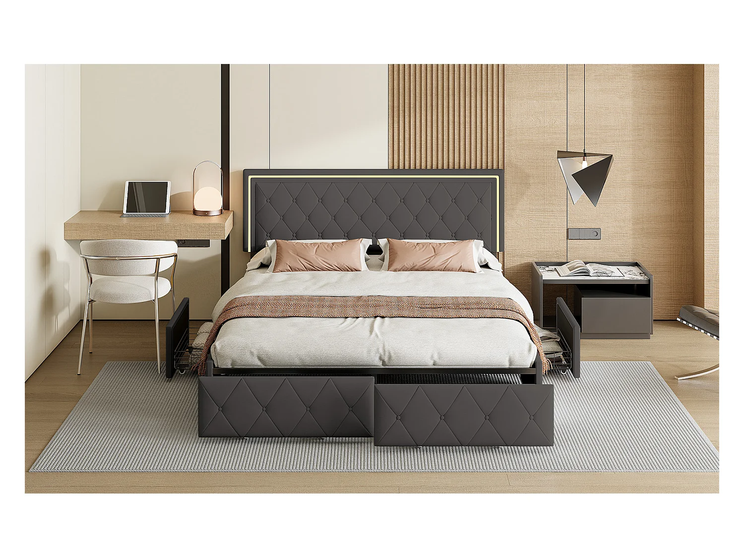 Letto matrimoniale imbottito grigio, 160 x 200 cm, con illuminazione a LED, 4 cassetti portaoggetti e testiera regolabile in altezza, contenitore, con rete a doghe