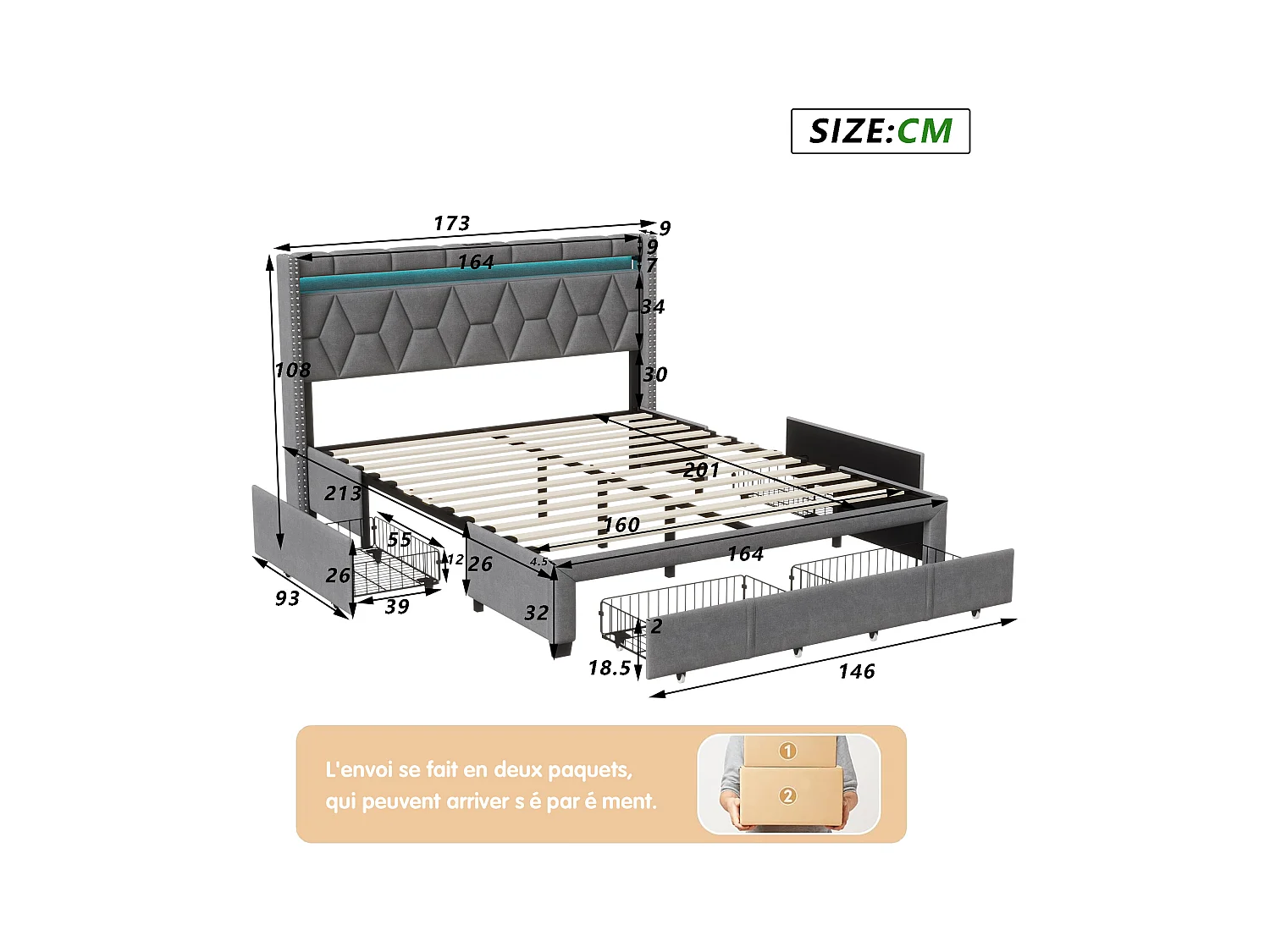 Letto 160x200 cm con testiera a rombi, illuminazione a LED e porte USB, 4 cassetti in metallo, rivestimento in lino grigio, design moderno e pratico