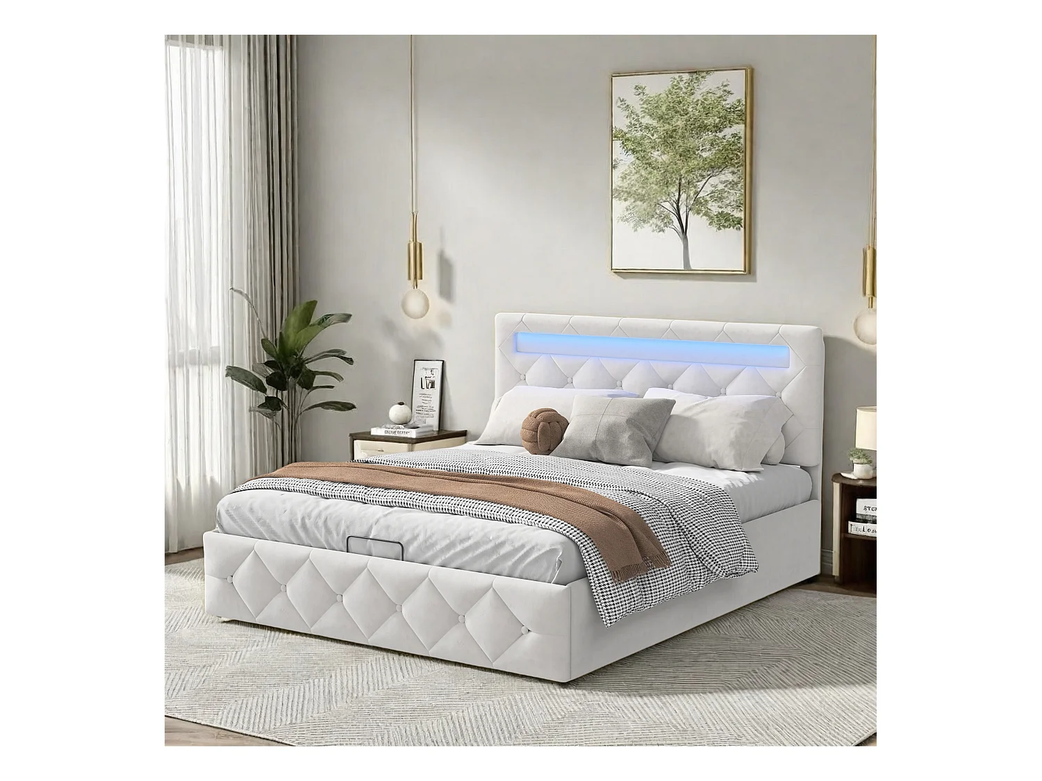 Opbergbed van 140x200 cm in abrikooskleurig fluweel met veelkleurige leds, verstelbaar hoofdeinde, EU-stekker en hydraulische opbergruimte