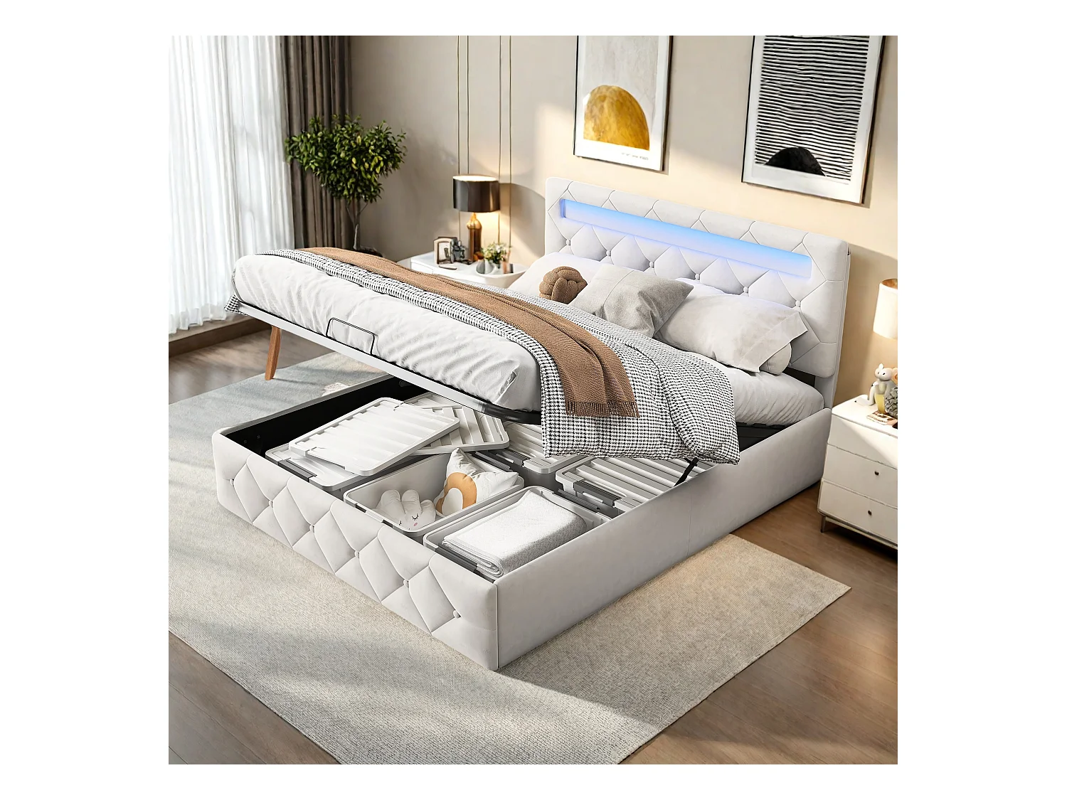 Opbergbed van 140x200 cm in abrikooskleurig fluweel met veelkleurige leds, verstelbaar hoofdeinde, EU-stekker en hydraulische opbergruimte