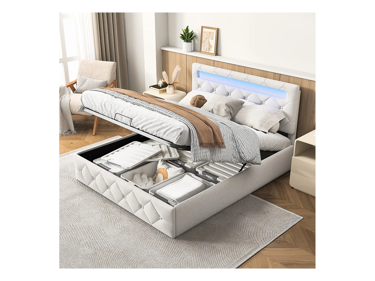 Opbergbed van 140x200 cm in abrikooskleurig fluweel met veelkleurige leds, verstelbaar hoofdeinde, EU-stekker en hydraulische opbergruimte