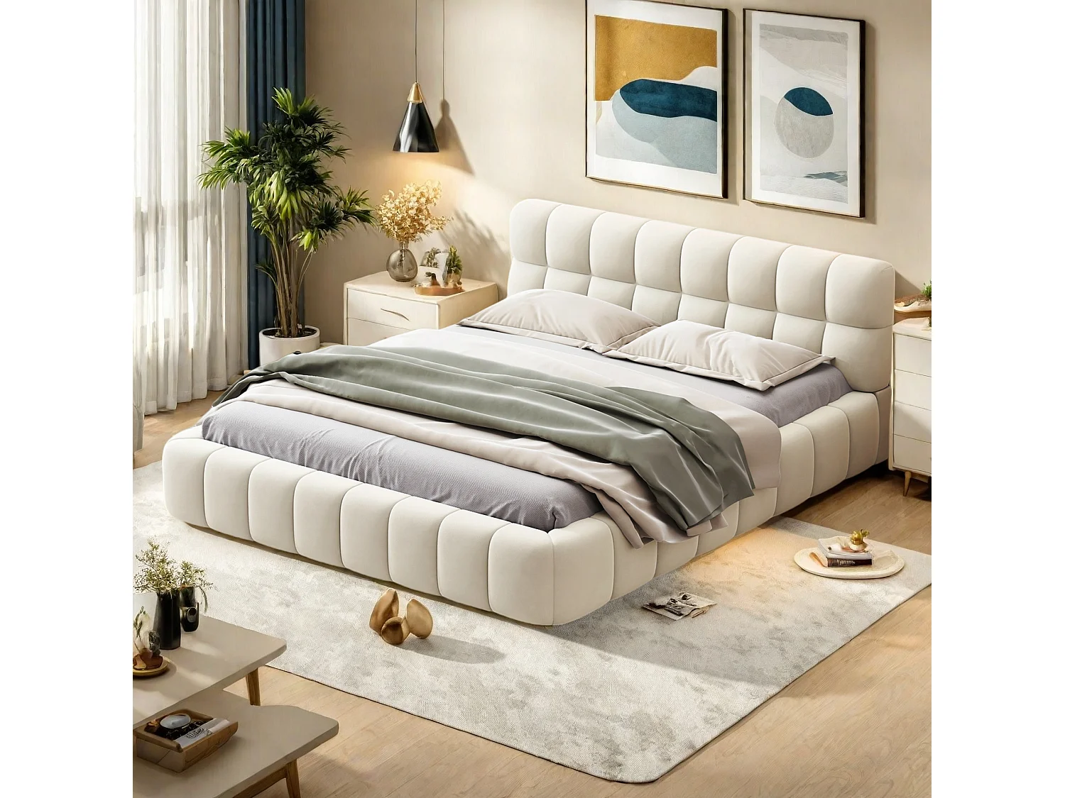 Lit rembourré 140 x 200 cm, lit jeune, lit double avec dossier moelleux, et bordure rembourrée, sommier à lattes lin beige (matelas non inclus)