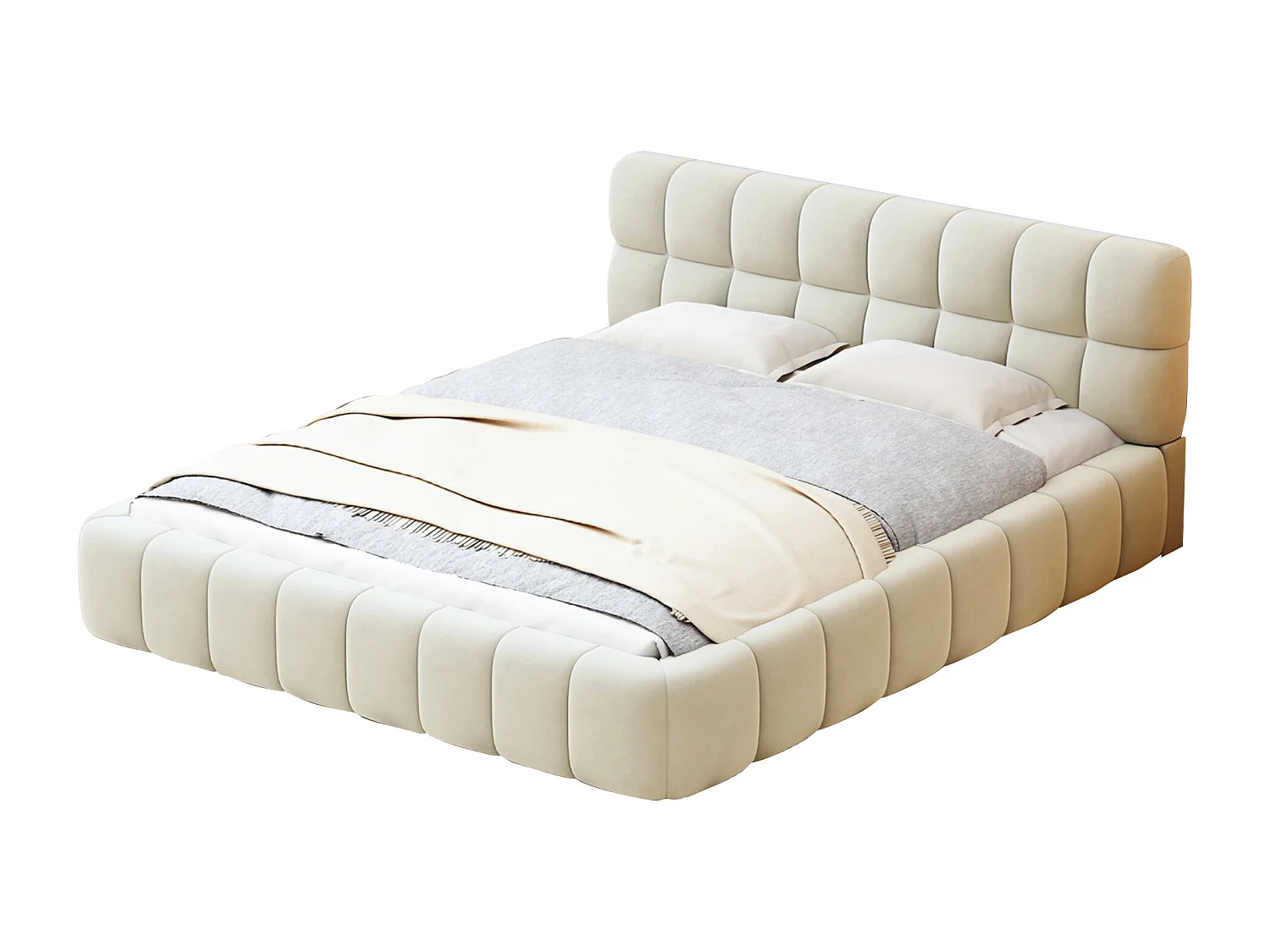 Lit rembourré 140 x 200 cm, lit jeune, lit double avec dossier moelleux, et bordure rembourrée, sommier à lattes lin beige (matelas non inclus)