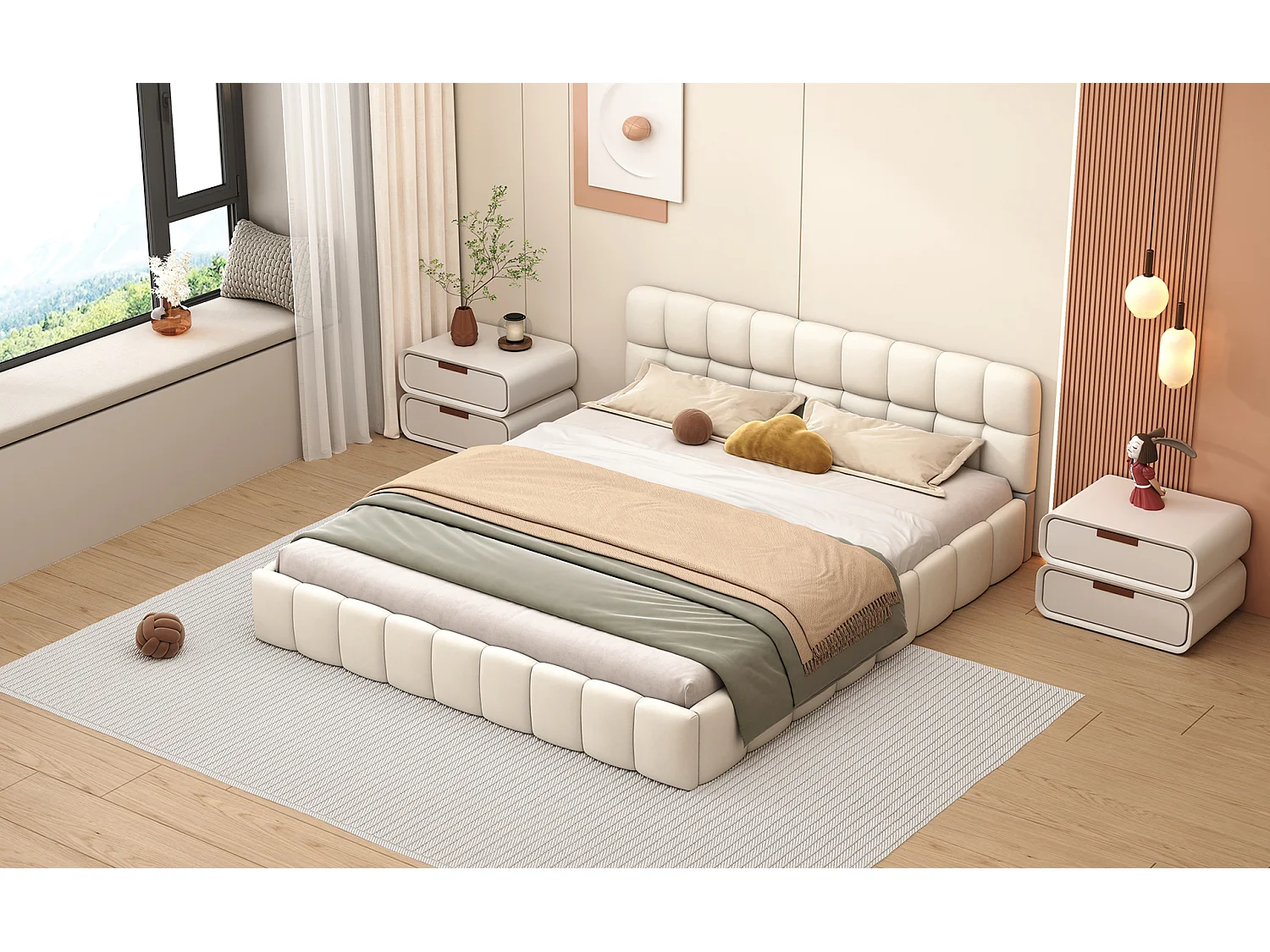 Lit rembourré 140 x 200 cm, lit jeune, lit double avec dossier moelleux, et bordure rembourrée, sommier à lattes lin beige (matelas non inclus)