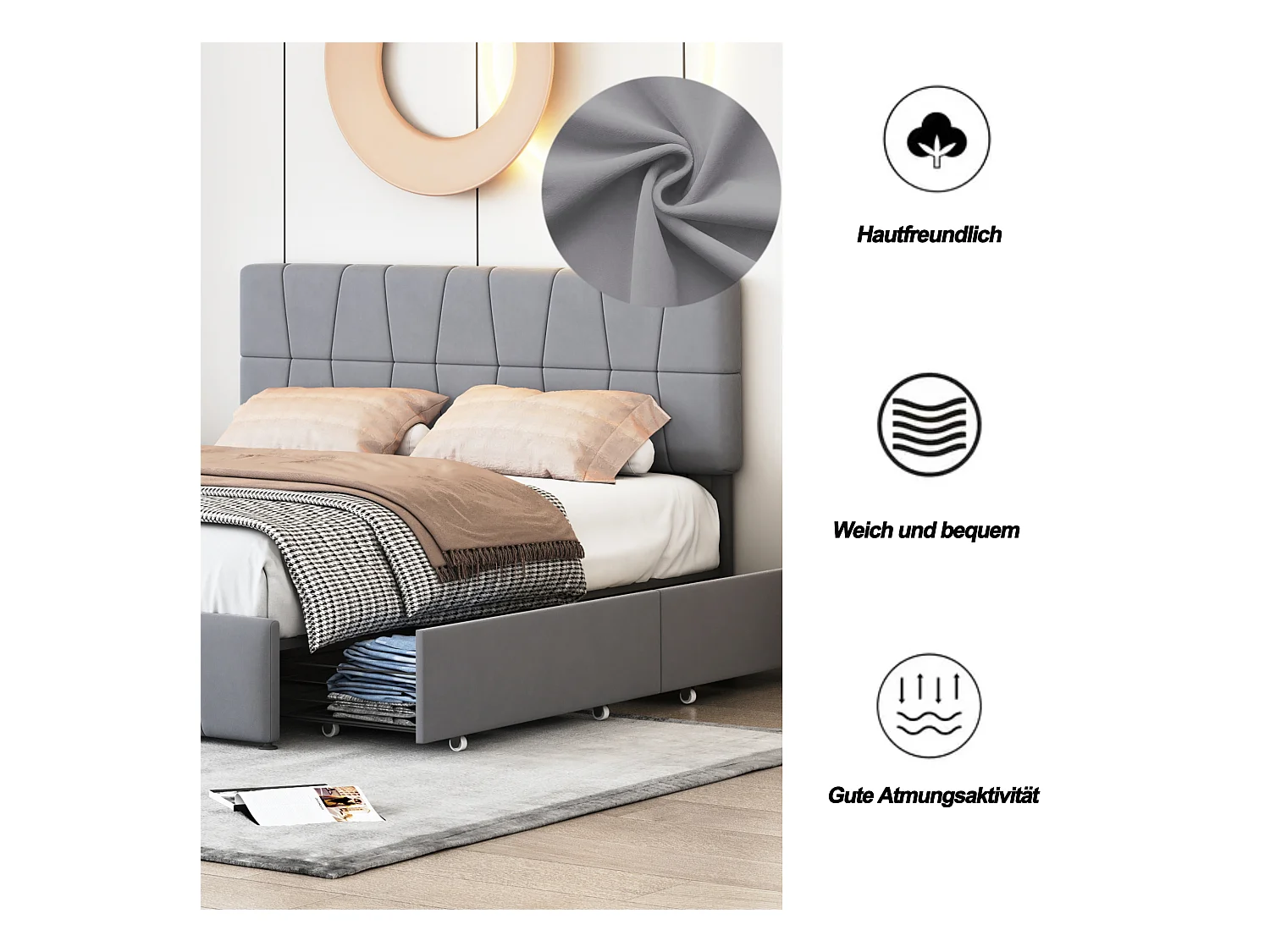 Cama de casal cinza 160 x 200 cm, veludo, estrutura de cama com 4 gavetas, sem colchão