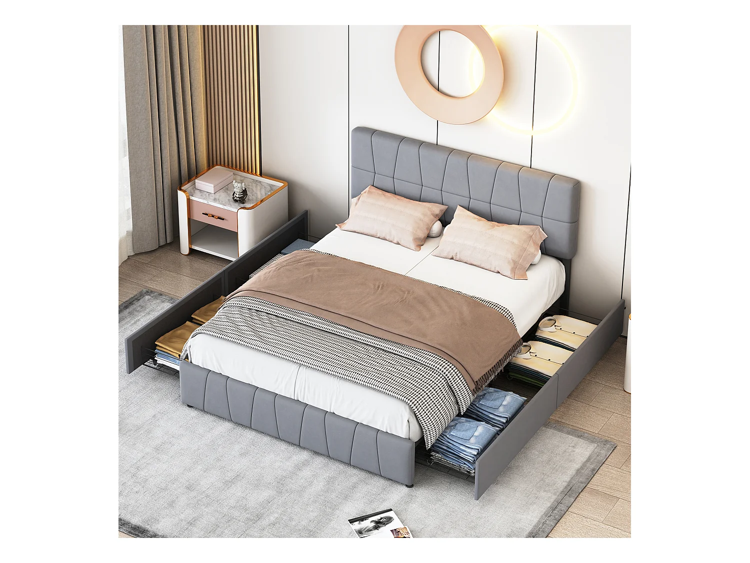 Cama de casal cinza 160 x 200 cm, veludo, estrutura de cama com 4 gavetas, sem colchão