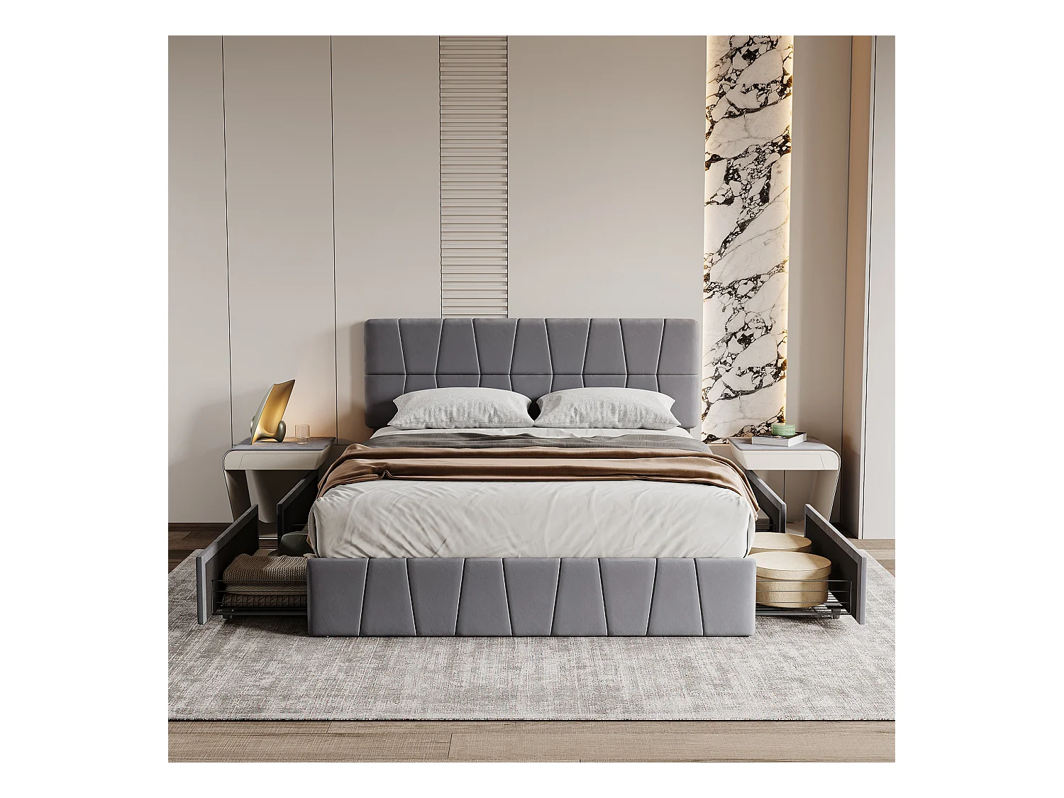 Cama de casal cinza 160 x 200 cm, veludo, estrutura de cama com 4 gavetas, sem colchão