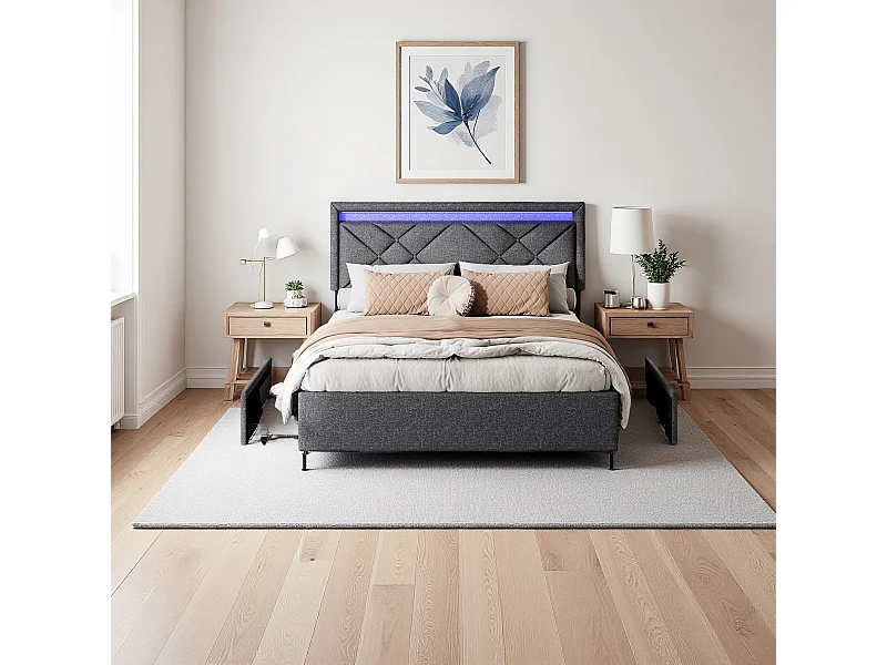 Tweepersoonsbed 160x200cm in grijs linnen met LED, USB & Type-C, modern hoofdeinde en 4 metalen opberglades