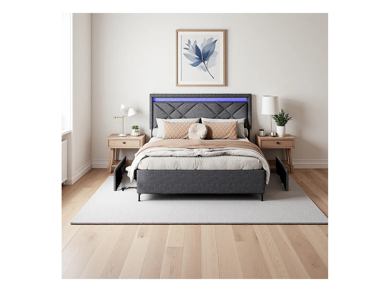 Tweepersoonsbed 160x200cm in grijs linnen met LED, USB & Type-C, modern hoofdeinde en 4 metalen opberglades