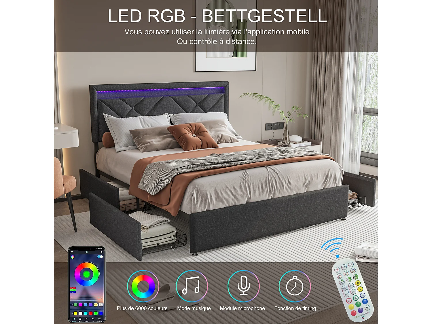 Cama de casal 160x200cm em linho cinza com LED, USB e Tipo-C, cabeceira moderna e 4 gavetas de metal para armazenamento