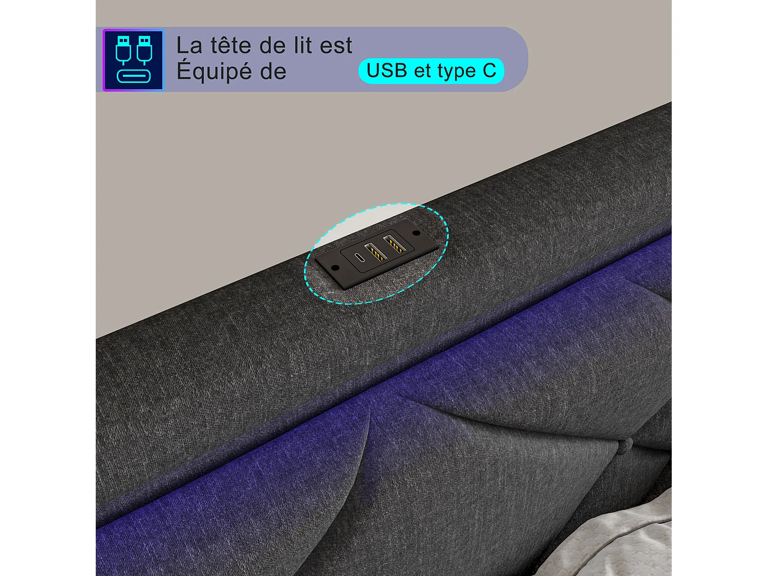 Cama de casal 160x200cm em linho cinza com LED, USB e Tipo-C, cabeceira moderna e 4 gavetas de metal para armazenamento