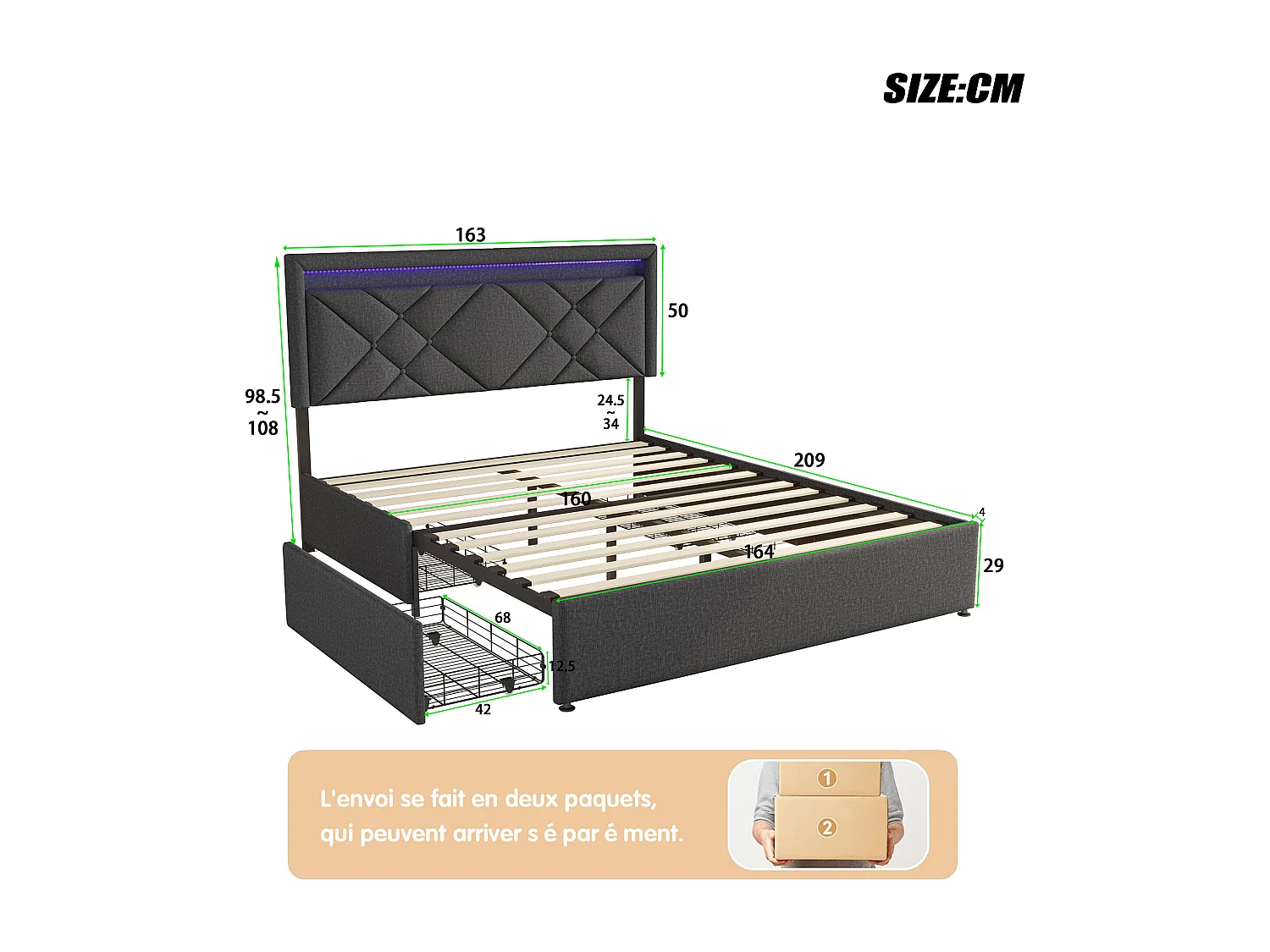Cama de casal 160x200cm em linho cinza com LED, USB e Tipo-C, cabeceira moderna e 4 gavetas de metal para armazenamento