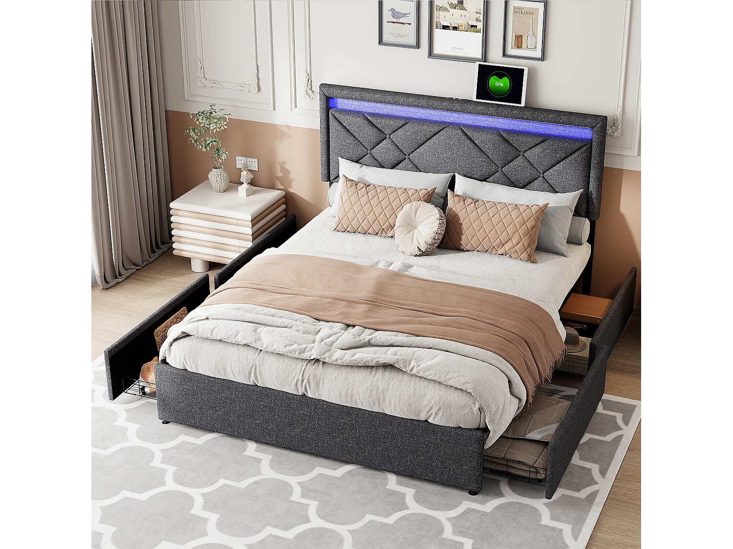Cama de casal 160x200cm em linho cinza com LED, USB e Tipo-C, cabeceira moderna e 4 gavetas de metal para armazenamento
