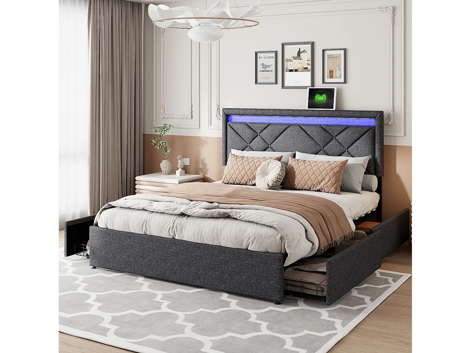 Cama de casal 160x200cm em linho cinza com LED, USB e Tipo-C, cabeceira moderna e 4 gavetas de metal para armazenamento