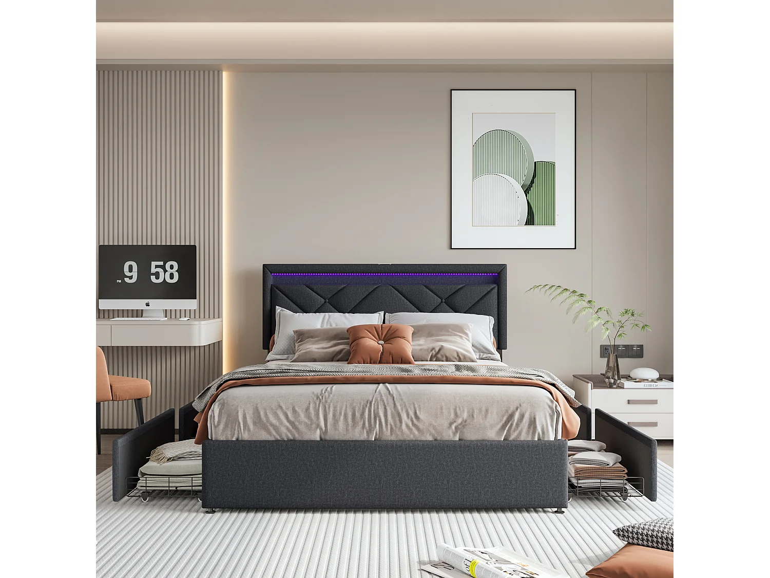 Cama de casal 160x200cm em linho cinza com LED, USB e Tipo-C, cabeceira moderna e 4 gavetas de metal para armazenamento