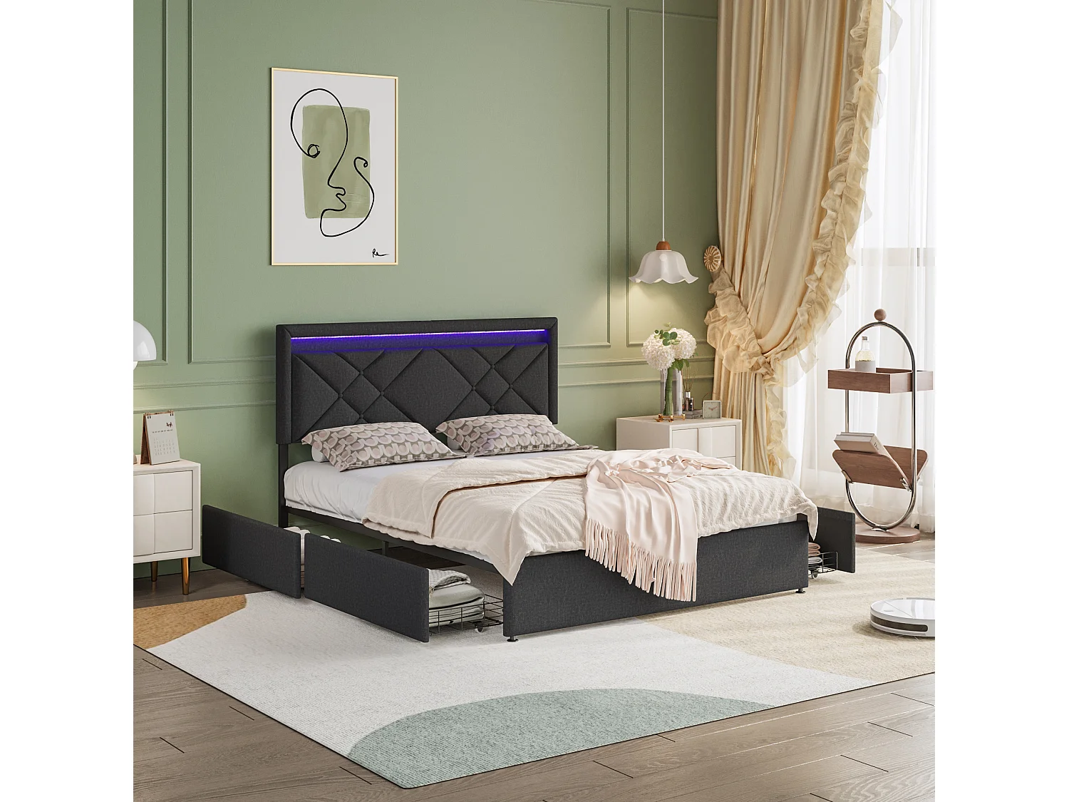 Cama de casal 160x200cm em linho cinza com LED, USB e Tipo-C, cabeceira moderna e 4 gavetas de metal para armazenamento
