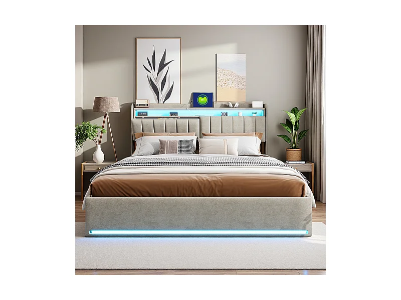 Lit coffre 140x200 cm en tissu velours gris avec tête de lit rembourrée, LED intégrées, rangement pratique, prise USB