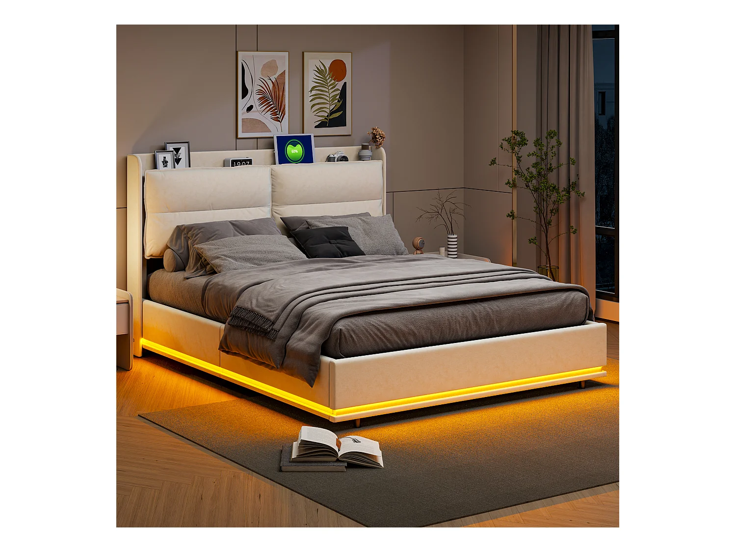 Tweepersoonsbedframe 140x200cm in fluweel met geïntegreerde LED's, houten lattenbodem, hydraulische opbergruimte en USB-oplaadstation, gebroken wit