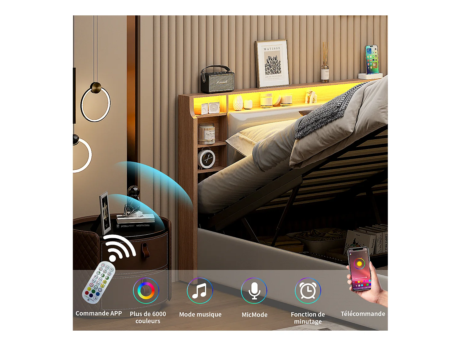 Cama de casal 160x200 cm branca com cabeceira e box, cabeceira LED, comandos APP, design moderno e prático