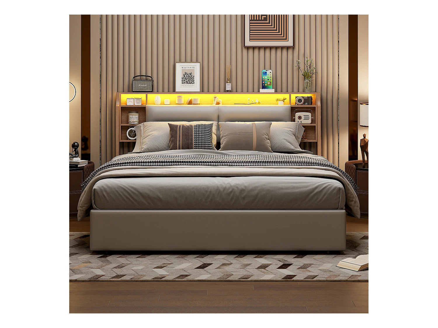 Cama de casal 160x200 cm branca com cabeceira e box, cabeceira LED, comandos APP, design moderno e prático