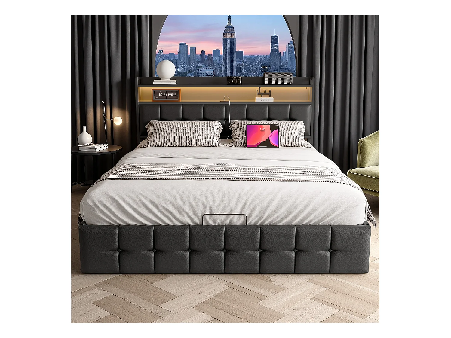 Cama canapé de 140x190 cm en símil piel negra con LED RGB, cabecero con tomas USB/Tipo C y almacenaje integrado.