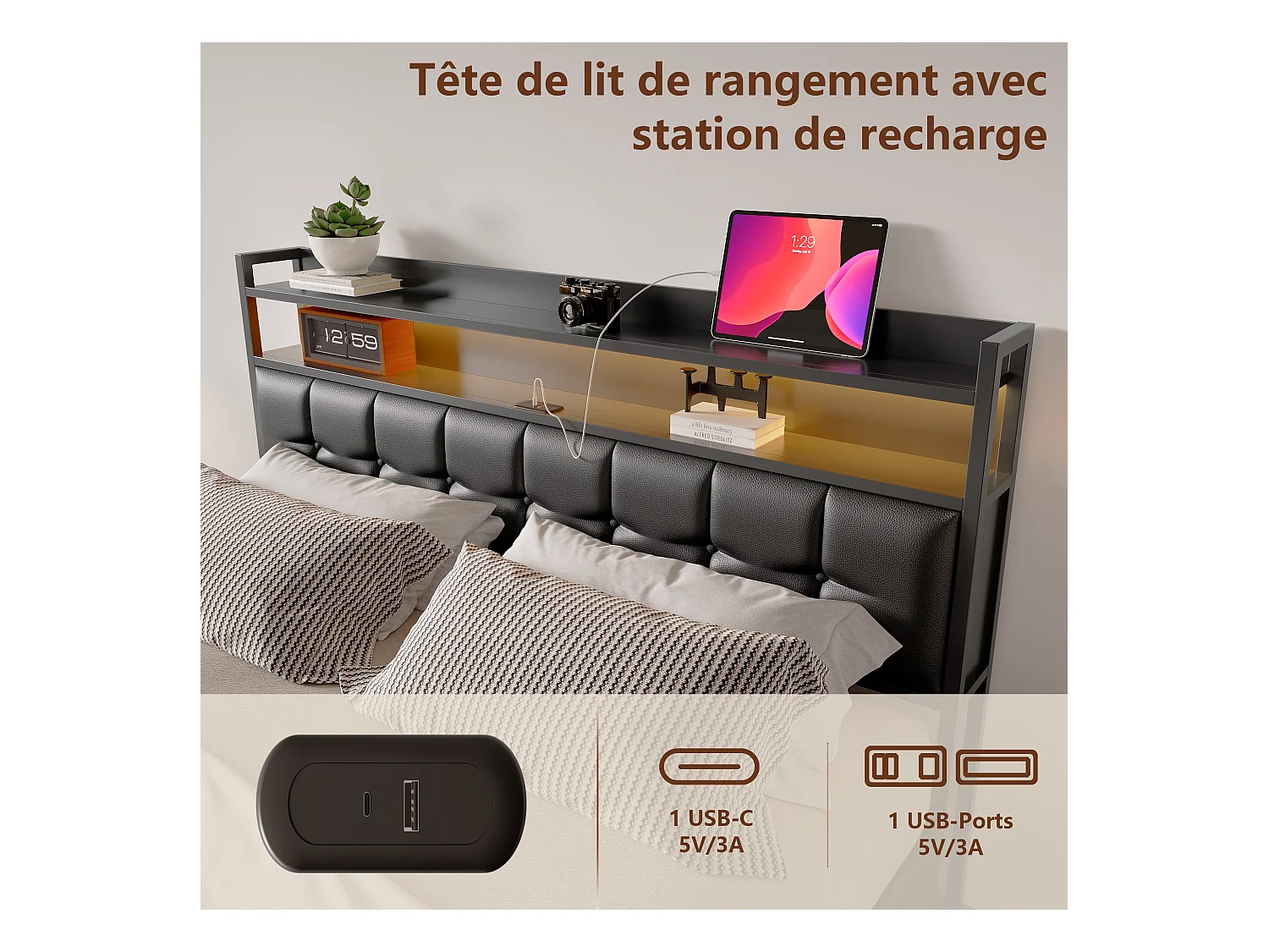 Cama canapé de 140x190 cm en símil piel negra con LED RGB, cabecero con tomas USB/Tipo C y almacenaje integrado.