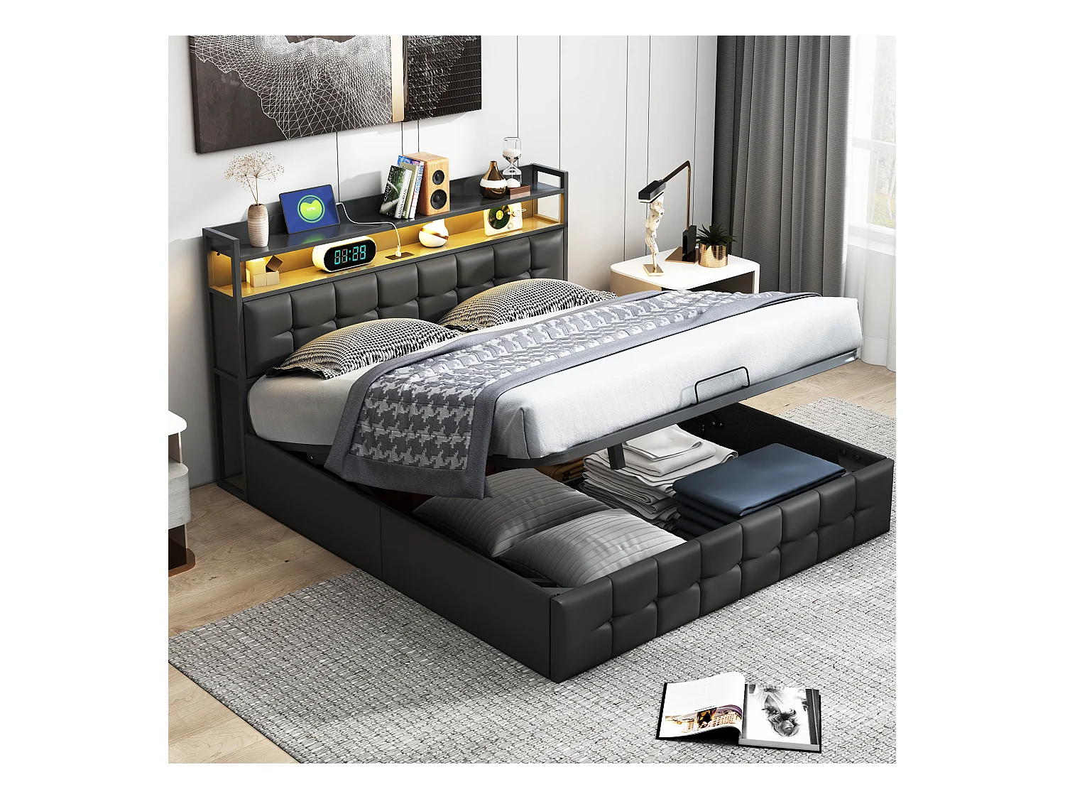 Cama canapé de 140x190 cm en símil piel negra con LED RGB, cabecero con tomas USB/Tipo C y almacenaje integrado.