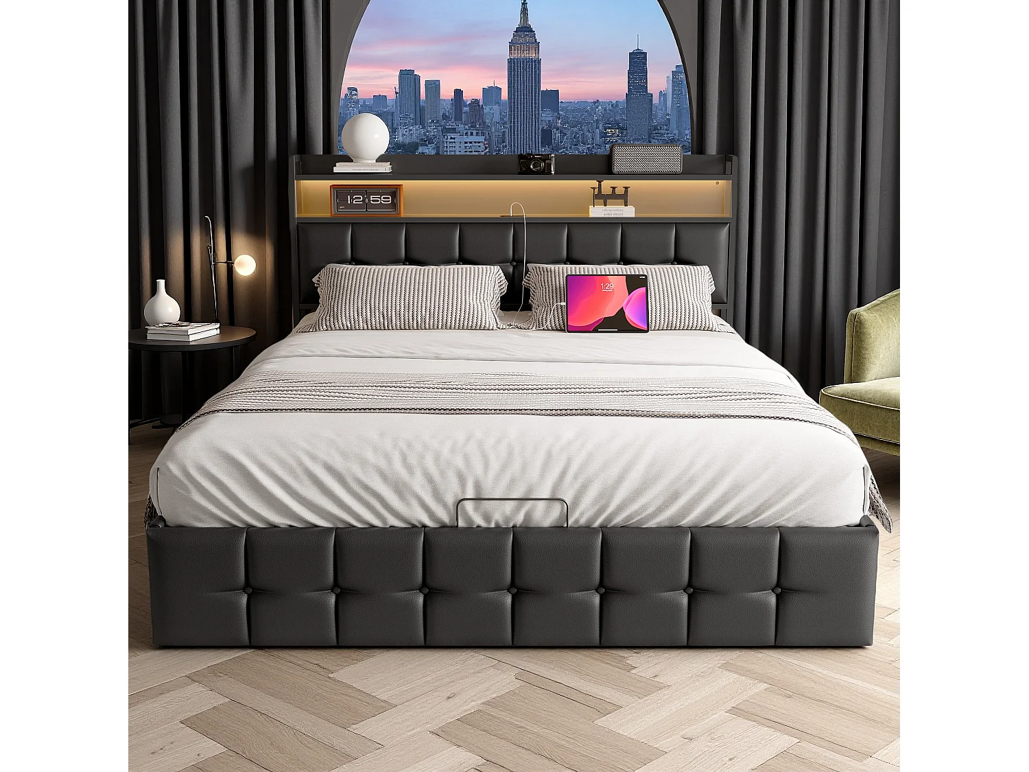 Lit coffre 140x190 cm en similicuir noir avec LED RGB, tête de lit avec prises USB/Type-C et rangements intégrés