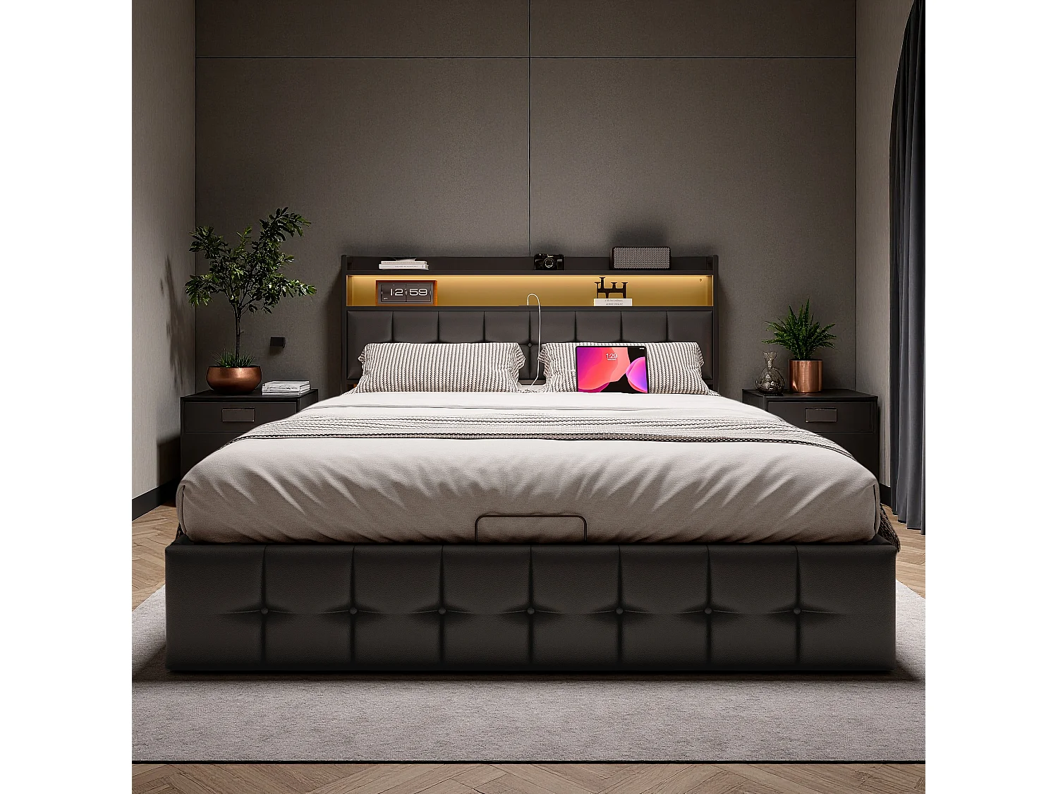 Lit coffre 140x190 cm en similicuir noir avec LED RGB, tête de lit avec prises USB/Type-C et rangements intégrés