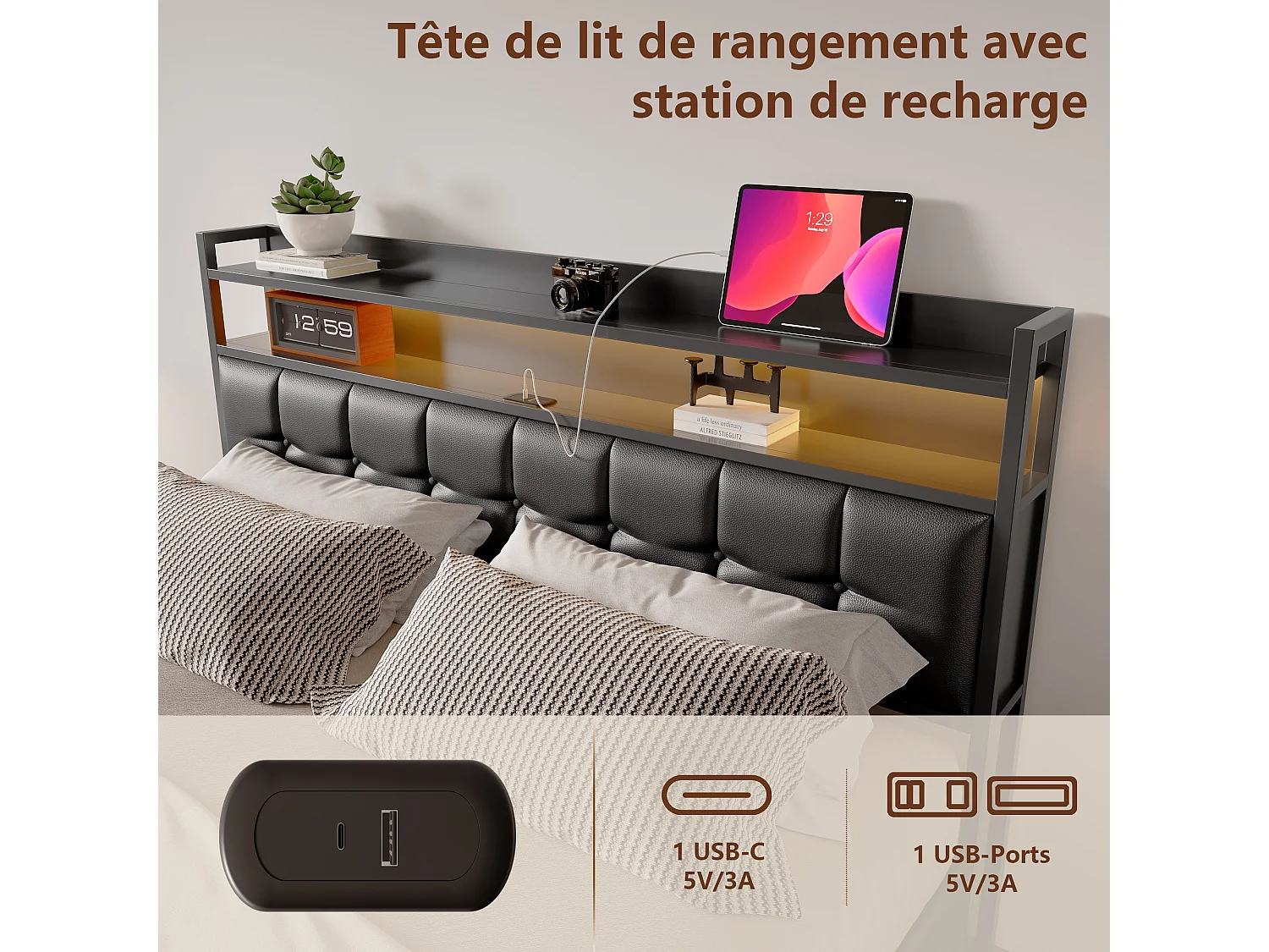 Lit coffre 140x190 cm en similicuir noir avec LED RGB, tête de lit avec prises USB/Type-C et rangements intégrés