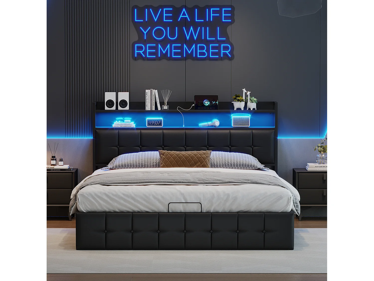 Lit coffre 140x190 cm en similicuir noir avec LED RGB, tête de lit avec prises USB/Type-C et rangements intégrés