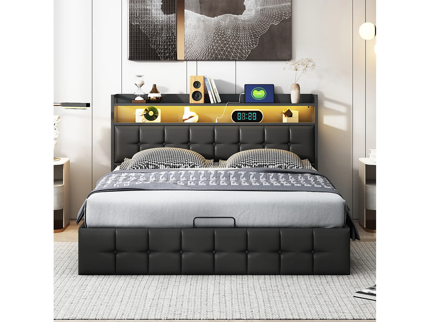 Lit coffre 140x190 cm en similicuir noir avec LED RGB, tête de lit avec prises USB/Type-C et rangements intégrés