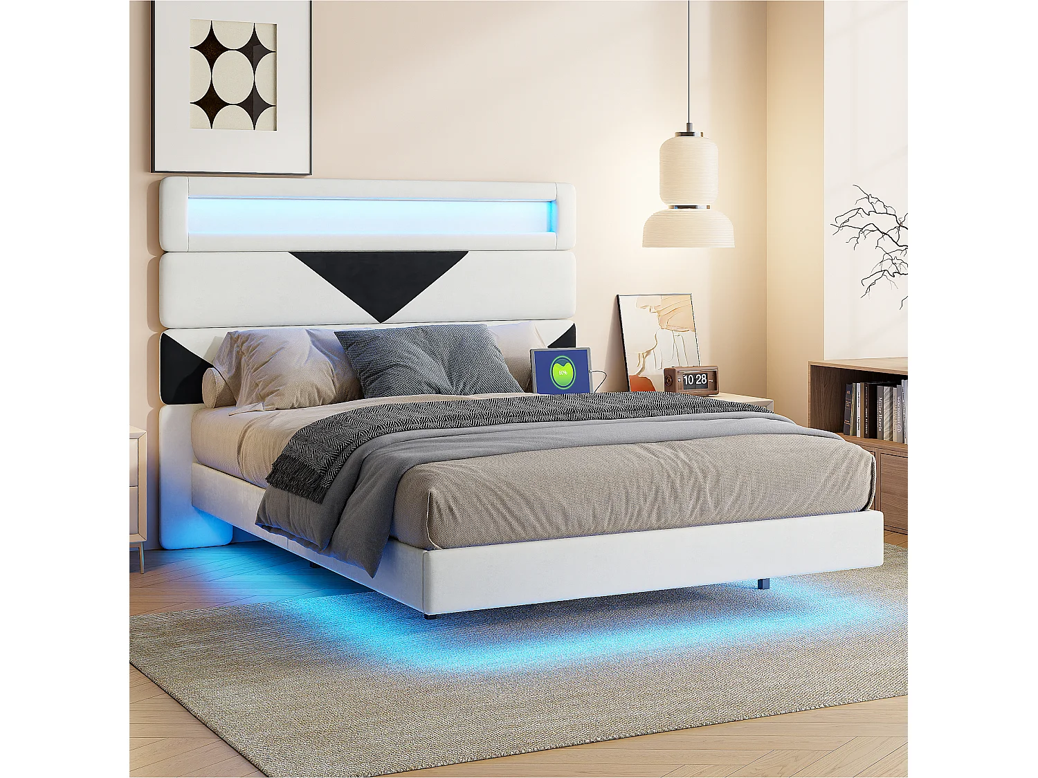 Lit Flottant 140 x 190 cm avec éclairage LED et 2 Ports USB, Cadre de LIt avec Sommier à Lattes, Lits 2 Personnes avec tête de lit, Beige+Noir