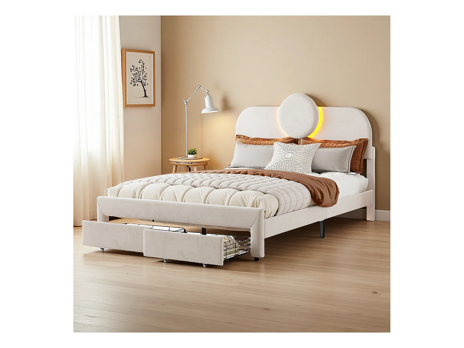 Lit coffre 140x200 cm en velours beige, 2 tiroirs au pied, bandes LED sur les côtés, tête de lit lumineuse, design moderne