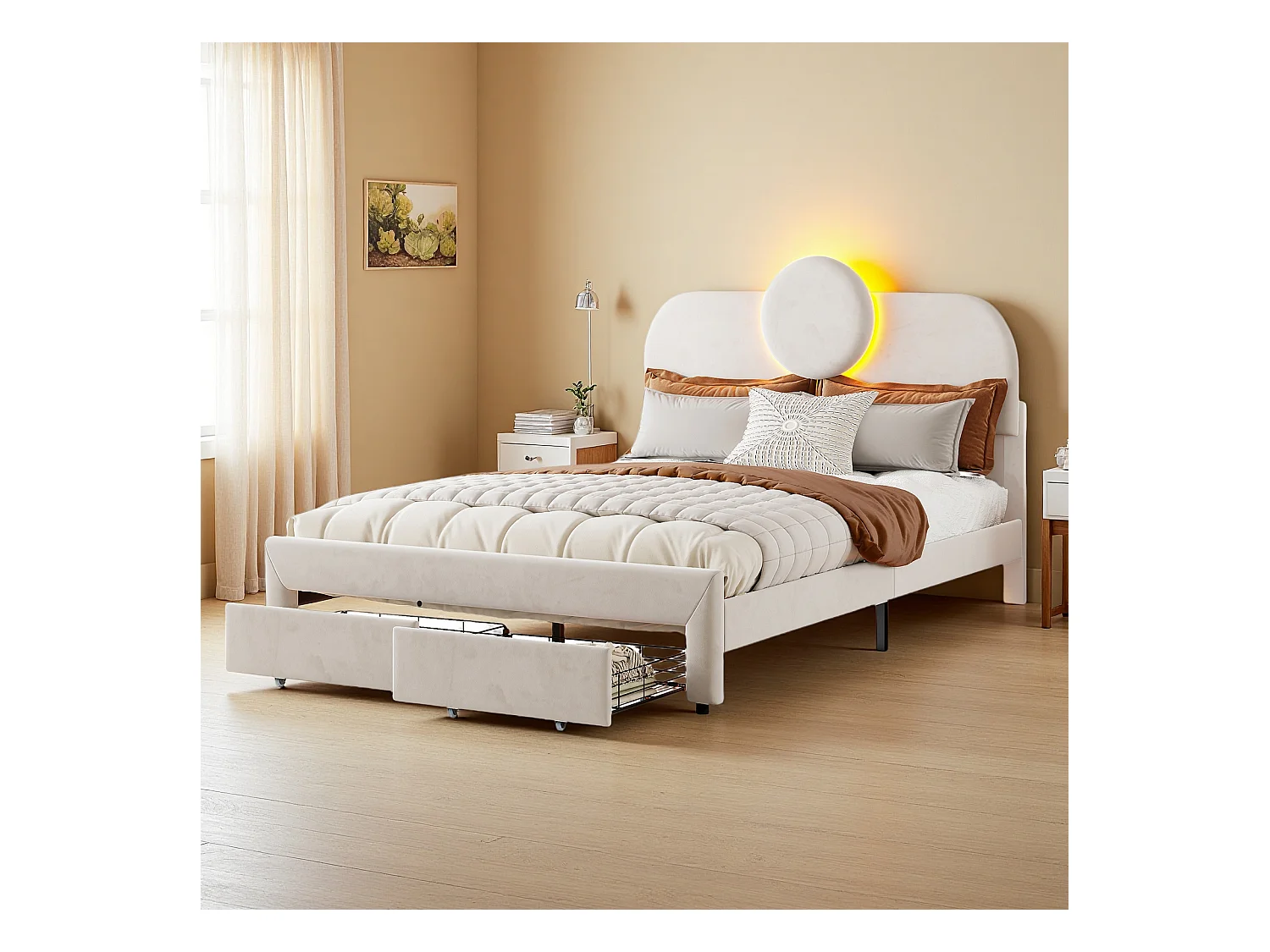 Lit coffre 140x200 cm en velours beige, 2 tiroirs au pied, bandes LED sur les côtés, tête de lit lumineuse, design moderne