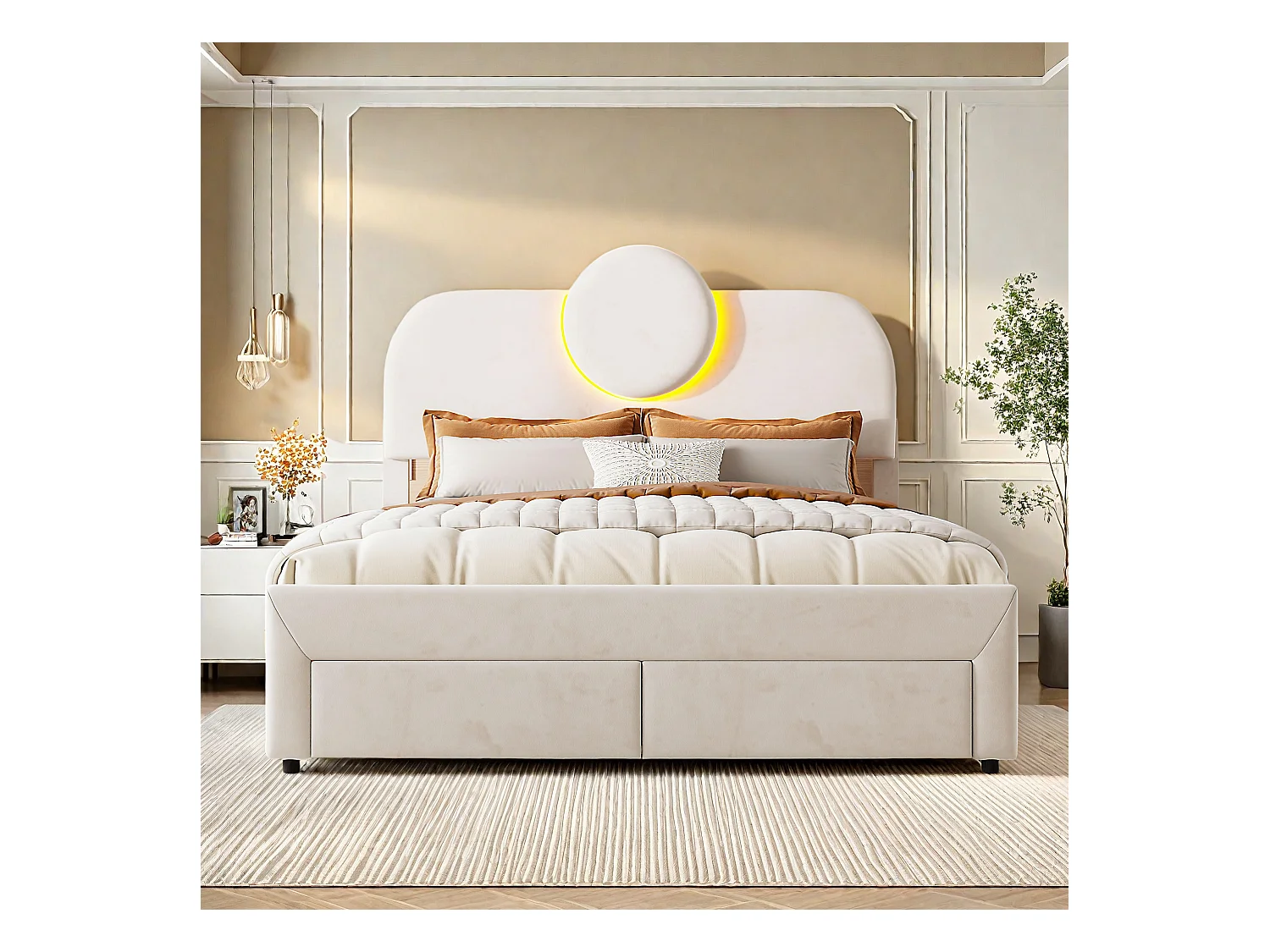 Lit coffre 140x200 cm en velours beige, 2 tiroirs au pied, bandes LED sur les côtés, tête de lit lumineuse, design moderne
