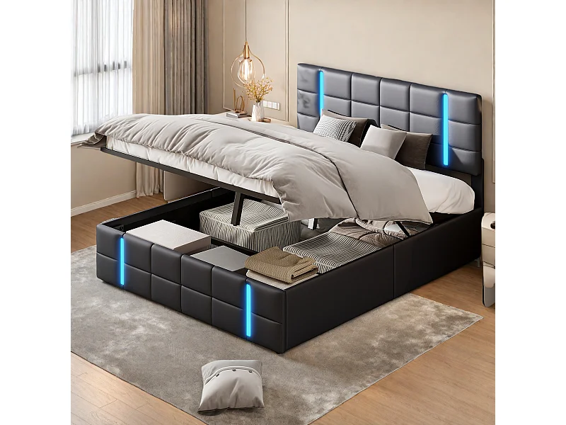 Letto matrimoniale 160x200 cm in similpelle nera con testiera LED in acrilico satinato e 2 porte USB integrate