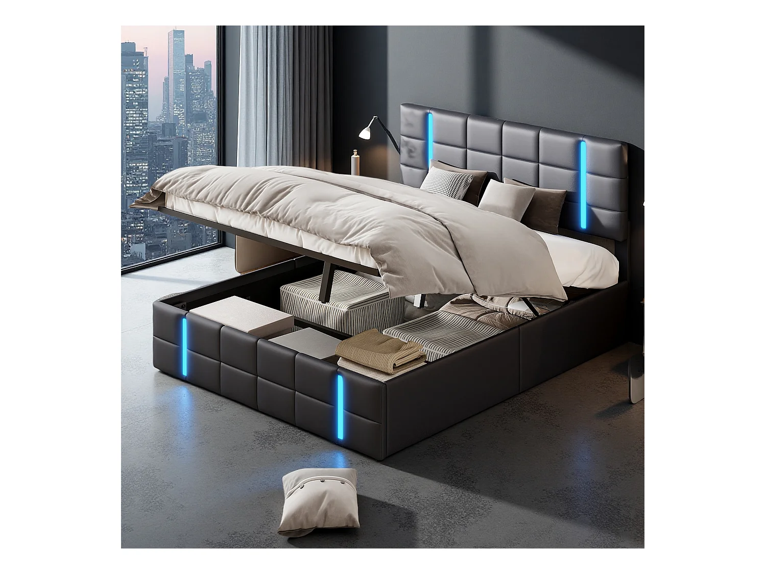 Letto matrimoniale 160x200 cm in similpelle nera con testiera LED in acrilico satinato e 2 porte USB integrate