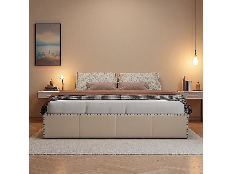 Lit coffre 140x200 cm en velours beige, tête de lit rembourrée, LED, rangement avec vérins hydrauliques et cadre décoré de clous en métal