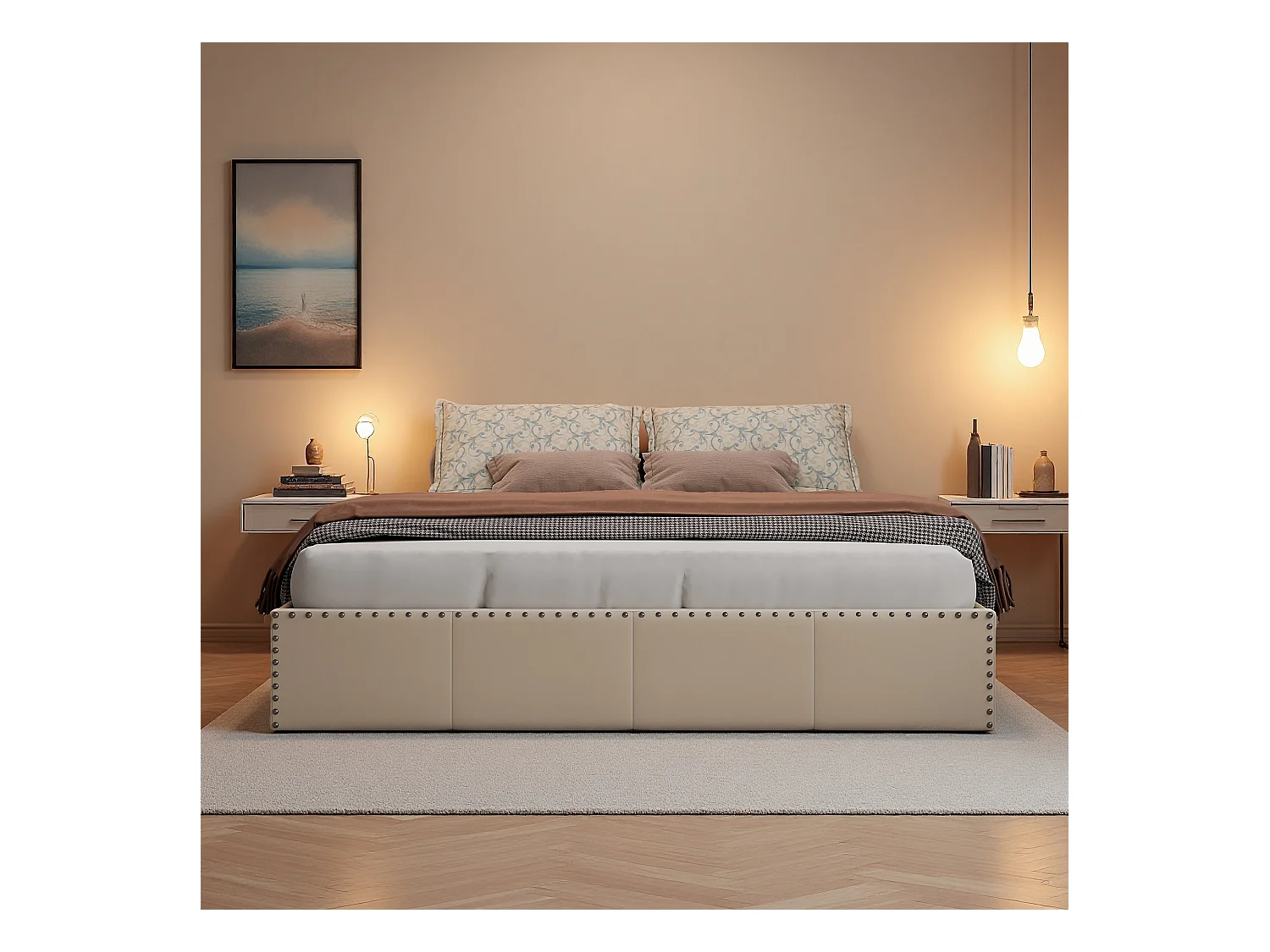 Cama de terciopelo beige 140x200 cm, con cabecero tapizado, LED, sistema de almacenaje con elevadores hidráulicos y decoración de tachuelas metálicas