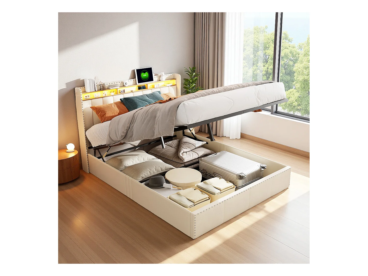 Cama de terciopelo beige 140x200 cm, con cabecero tapizado, LED, sistema de almacenaje con elevadores hidráulicos y decoración de tachuelas metálicas