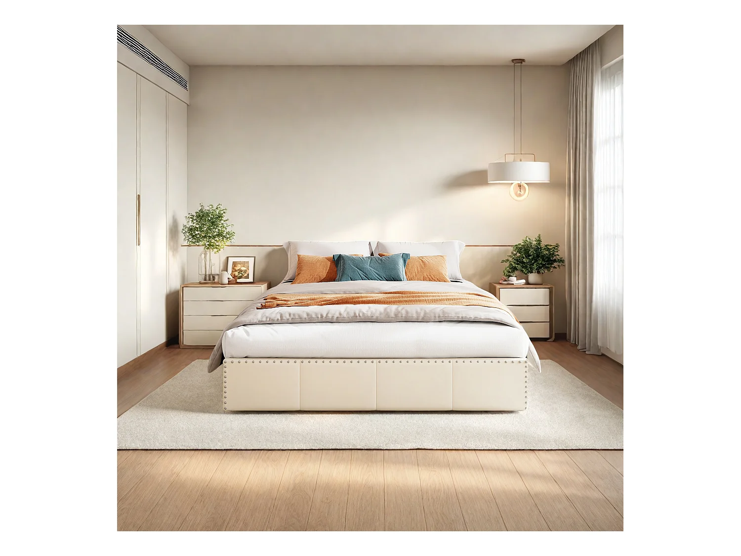 Cama de terciopelo beige 140x200 cm, con cabecero tapizado, LED, sistema de almacenaje con elevadores hidráulicos y decoración de tachuelas metálicas