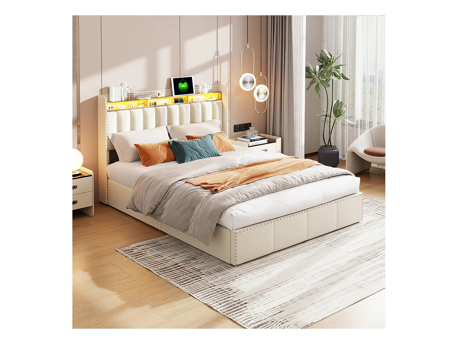 Cama de terciopelo beige 140x200 cm, con cabecero tapizado, LED, sistema de almacenaje con elevadores hidráulicos y decoración de tachuelas metálicas