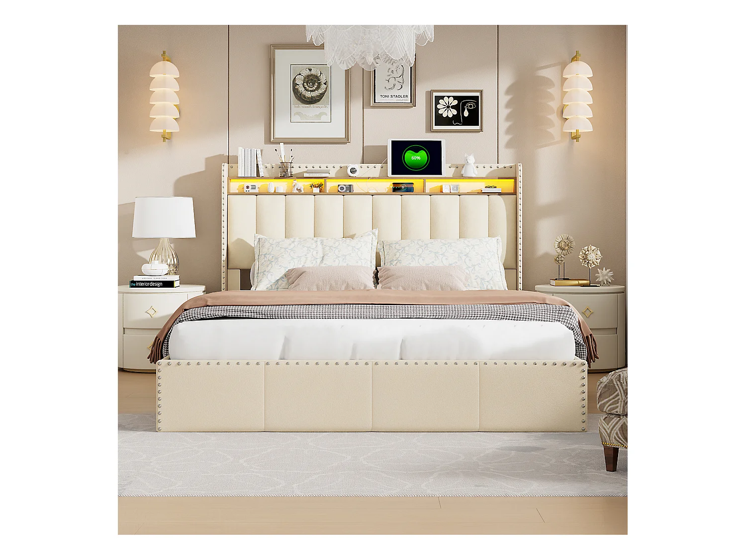 Cama de terciopelo beige 140x200 cm, con cabecero tapizado, LED, sistema de almacenaje con elevadores hidráulicos y decoración de tachuelas metálicas