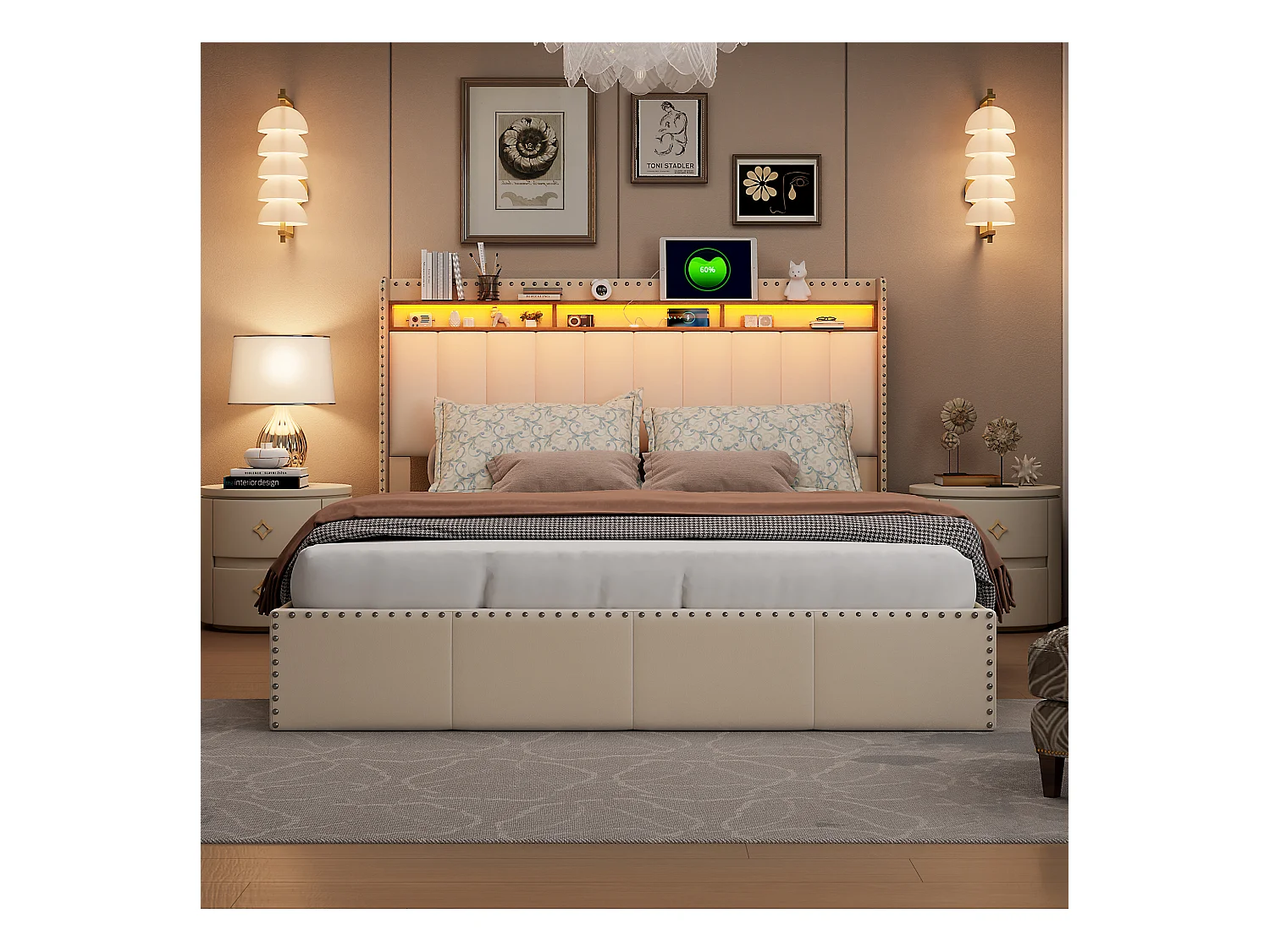 Cama de terciopelo beige 140x200 cm, con cabecero tapizado, LED, sistema de almacenaje con elevadores hidráulicos y decoración de tachuelas metálicas