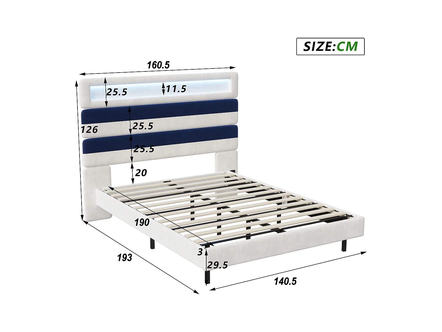Lit double 140x190 cm, tête de lit rayée en velours blanc & bleu, panneau bois réglable, ports USB, bandes LED tête/pied, chargeur EU