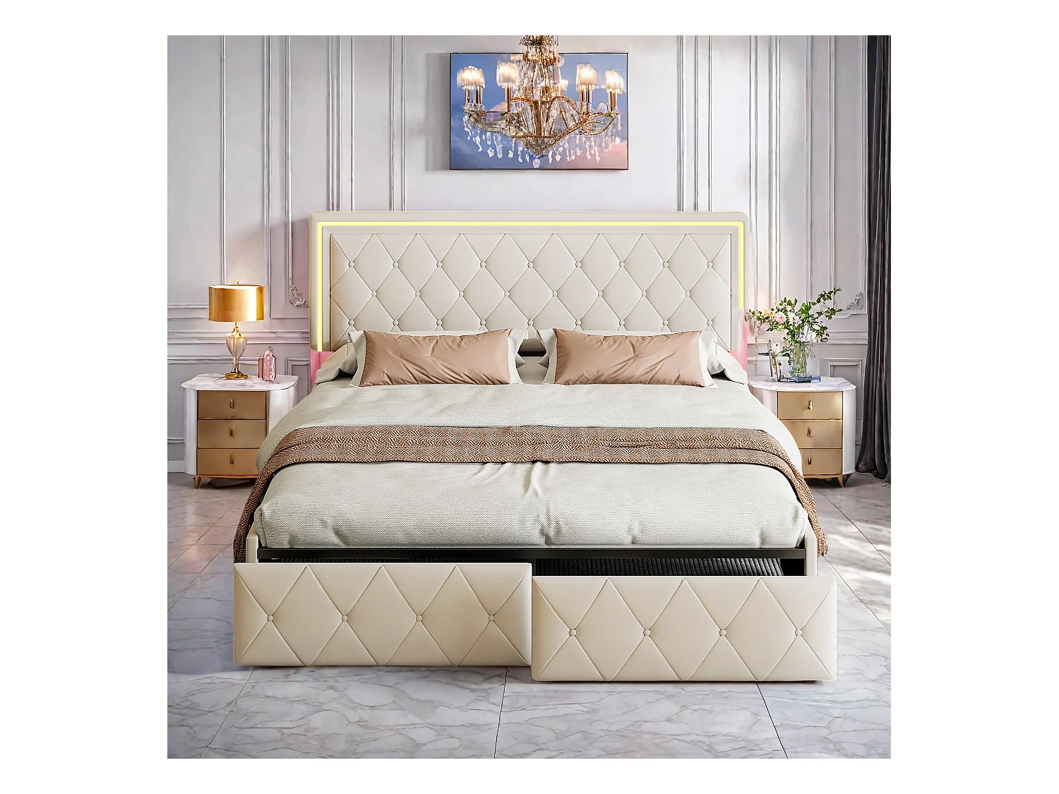 Letto matrimoniale 160x200 cm in tessuto bianco sporco, imbottito, con illuminazione LED, testiera regolabile, 4 cassetti e rete a doghe inclusa